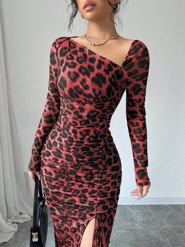 Ruched Animal Print Midi Dress for Evening Events	