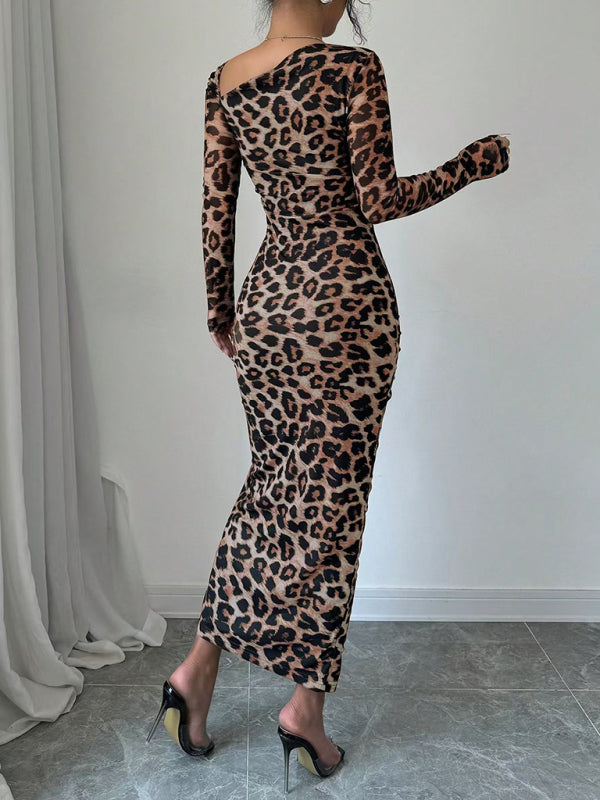 Leopard Animal Print Asymmetrical Midi Dress Bodycon Dresses