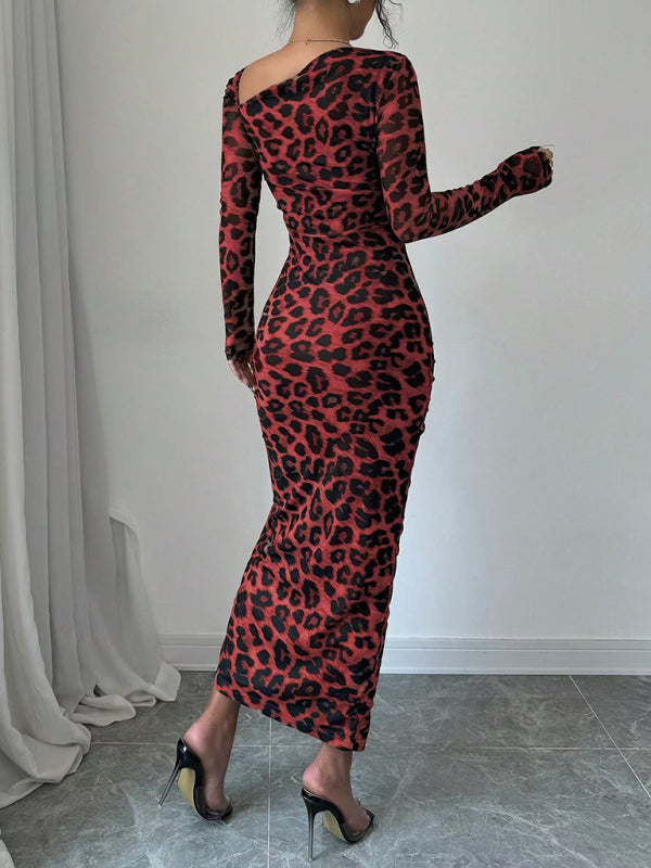 Leopard Animal Print Asymmetrical Midi Dress Bodycon Dresses