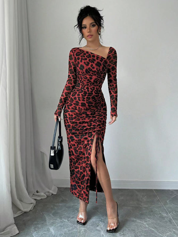 Leopard Animal Print Asymmetrical Midi Dress Bodycon Dresses