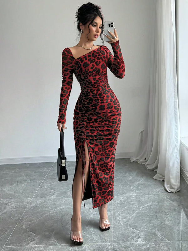 Leopard Animal Print Asymmetrical Midi Dress Bodycon Dresses