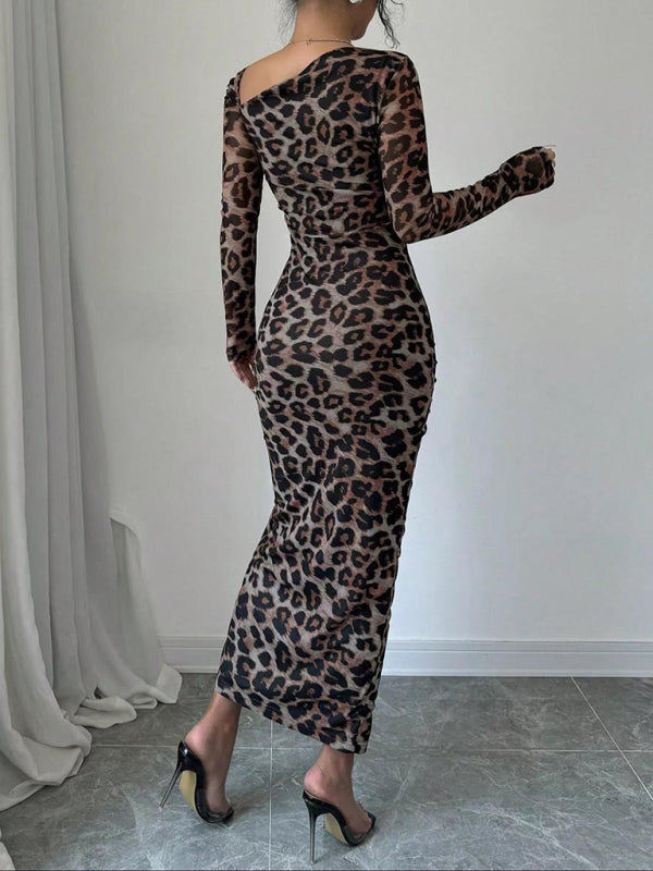 Leopard Animal Print Asymmetrical Midi Dress Bodycon Dresses