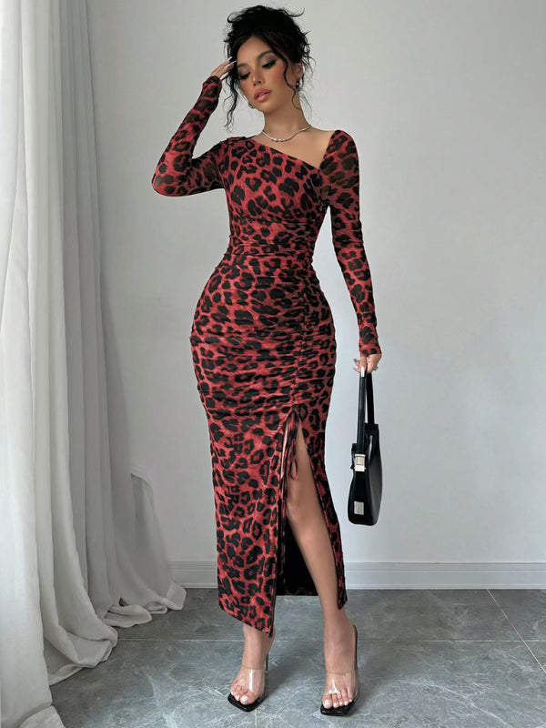 Leopard Animal Print Asymmetrical Midi Dress Bodycon Dresses