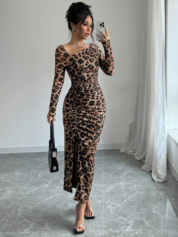 Leopard Animal Print Asymmetrical Midi Dress Bodycon Dresses