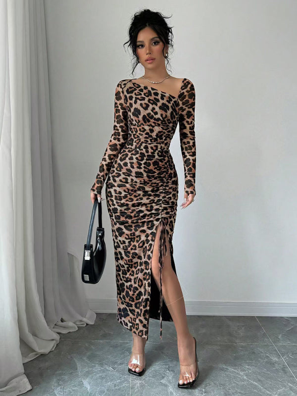 Leopard Animal Print Asymmetrical Midi Dress Bodycon Dresses