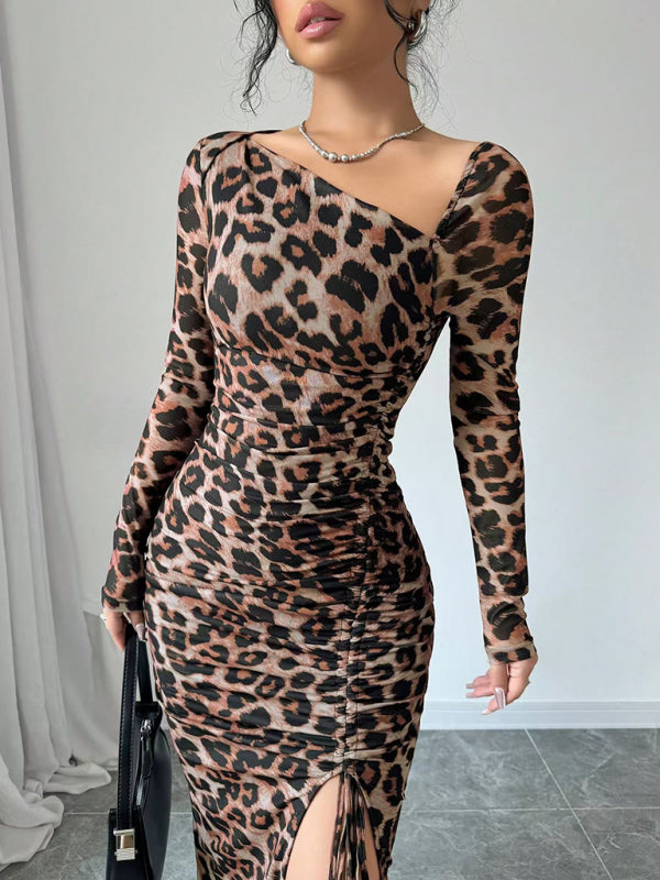 Leopard Animal Print Asymmetrical Midi Dress Bodycon Dresses