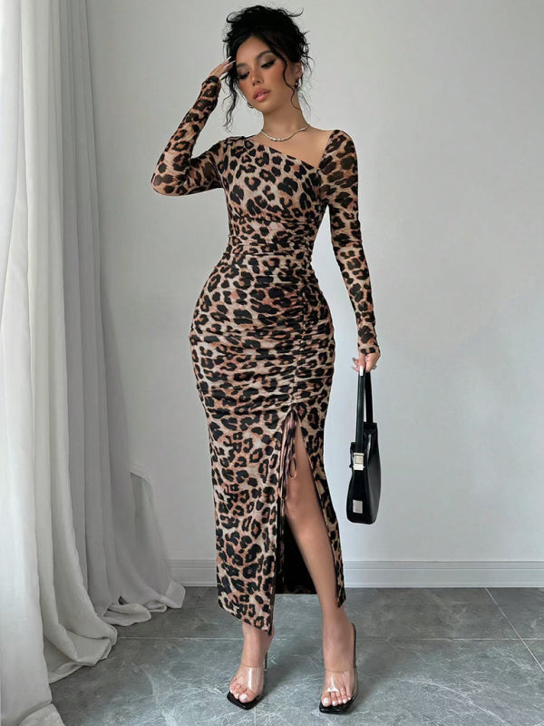 Leopard Animal Print Asymmetrical Midi Dress Bodycon Dresses