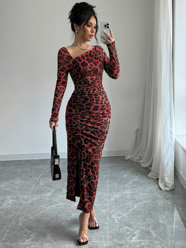 Leopard Animal Print Asymmetrical Midi Dress Bodycon Dresses