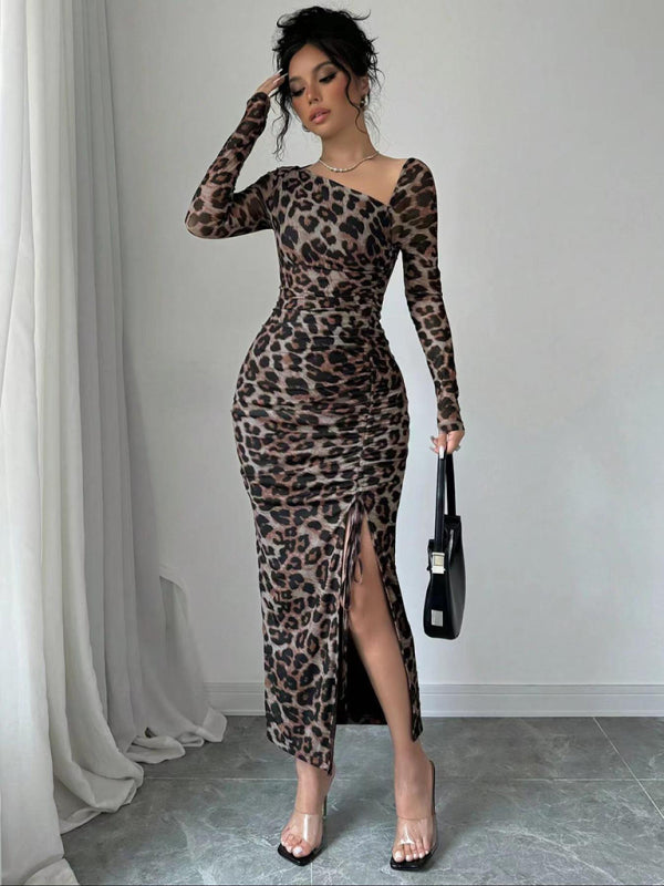 Leopard Animal Print Asymmetrical Midi Dress Bodycon Dresses