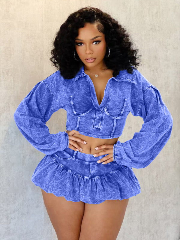 Washed Denim Crop Jacket and Mini Skort Set Matching Set