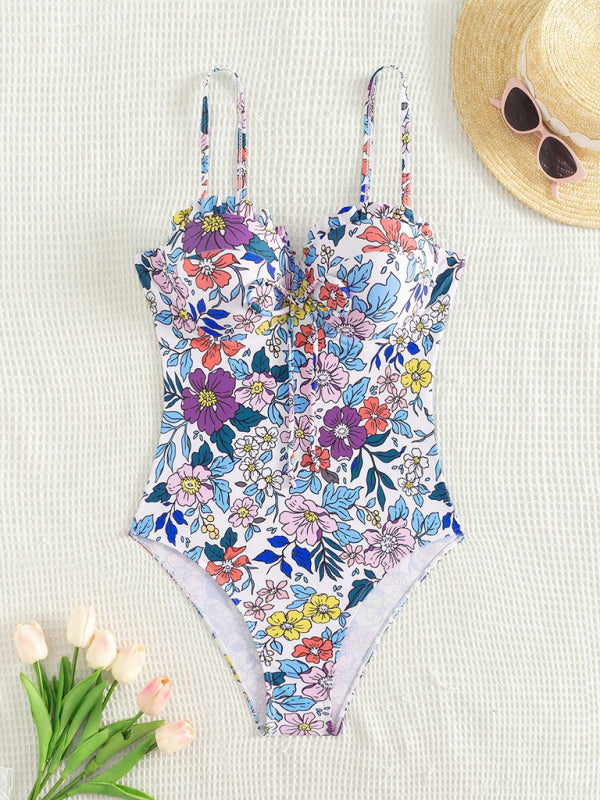 Floral Push-Up Swimwear One-Piece Bustier Bathing Suit Swimwear