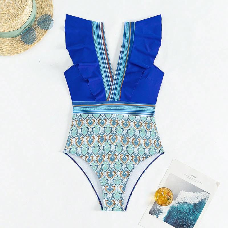 Paisley One-Piece Tummy Control Bathing Suit Cap Sleeve Swimwear