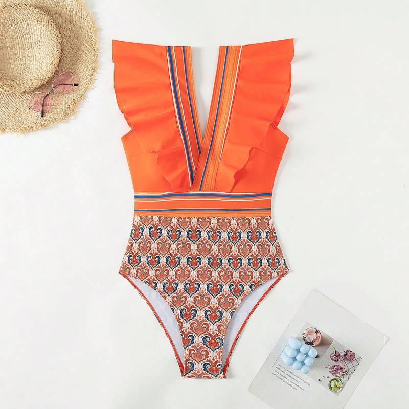 Paisley One-Piece Tummy Control Bathing Suit Cap Sleeve Swimwear