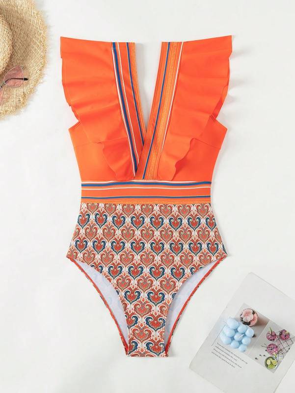 Paisley One-Piece Tummy Control Bathing Suit Cap Sleeve Swimwear