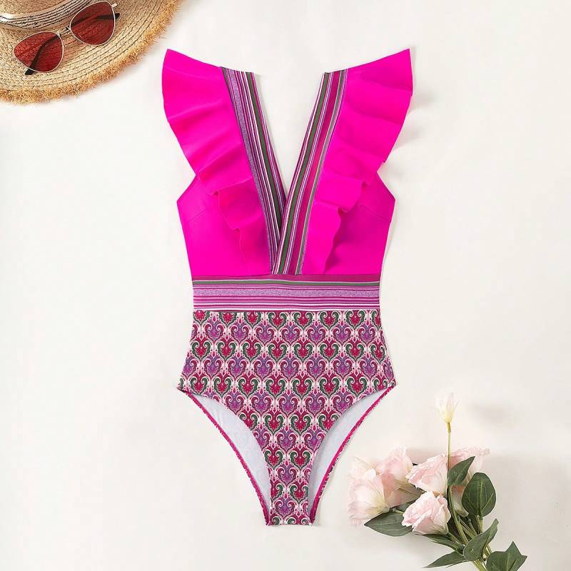 Paisley One-Piece Tummy Control Bathing Suit Cap Sleeve Swimwear