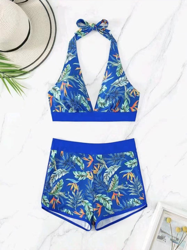 Tropical Halter Swimwear Set Belly Coverage Boyshorts Swimwear