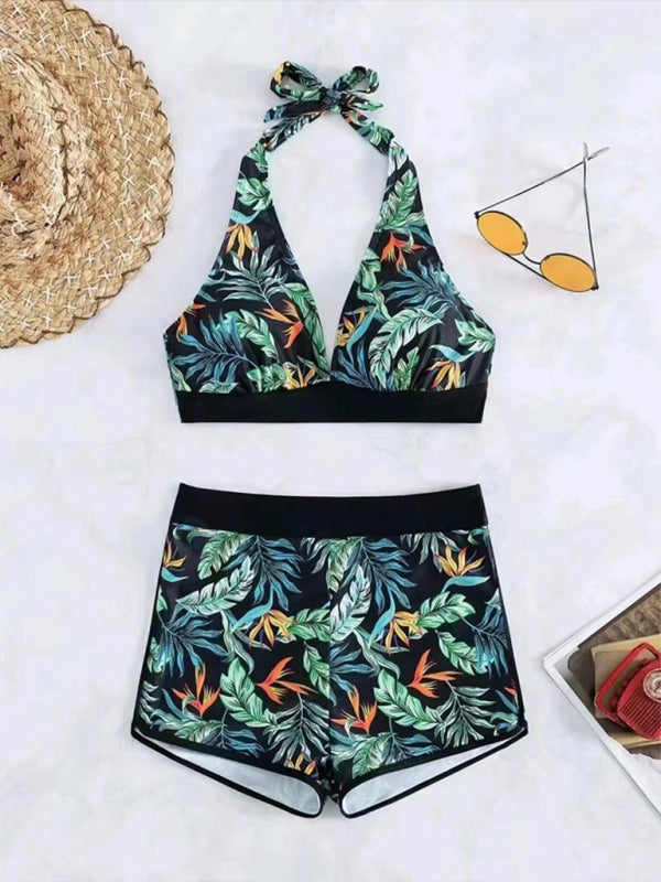 Tropical Halter Swimwear Set Belly Coverage Boyshorts Swimwear