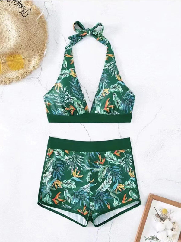 Tropical Halter Swimwear Set Belly Coverage Boyshorts Swimwear