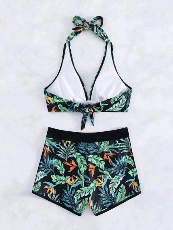 Tropical Halter Swimwear Set Belly Coverage Boyshorts Swimwear