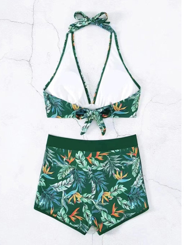 Tropical Halter Swimwear Set Belly Coverage Boyshorts Swimwear