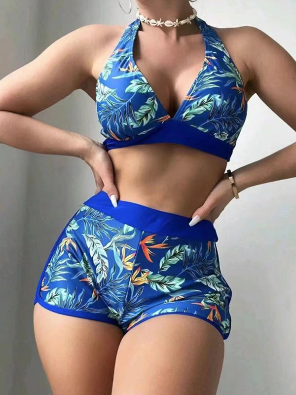 Tropical Halter Swimwear Set Belly Coverage Boyshorts Swimwear