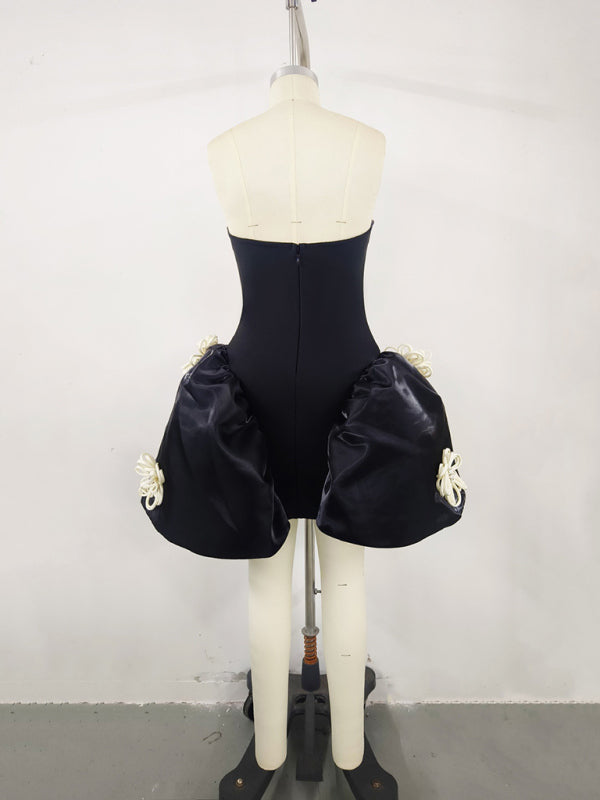 Elegant Black Bustier Strapless Puff Mini Dress for Cocktail