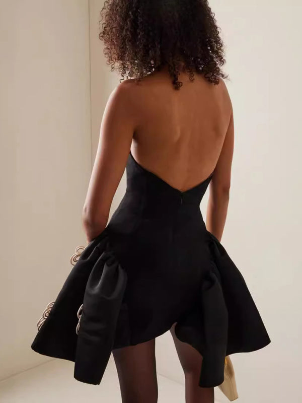 Elegant Black Bustier Strapless Puff Mini Dress for Cocktail