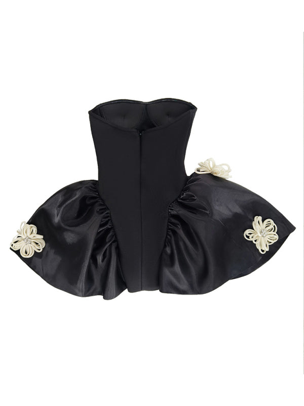 Elegant Black Bustier Strapless Puff Mini Dress for Cocktail