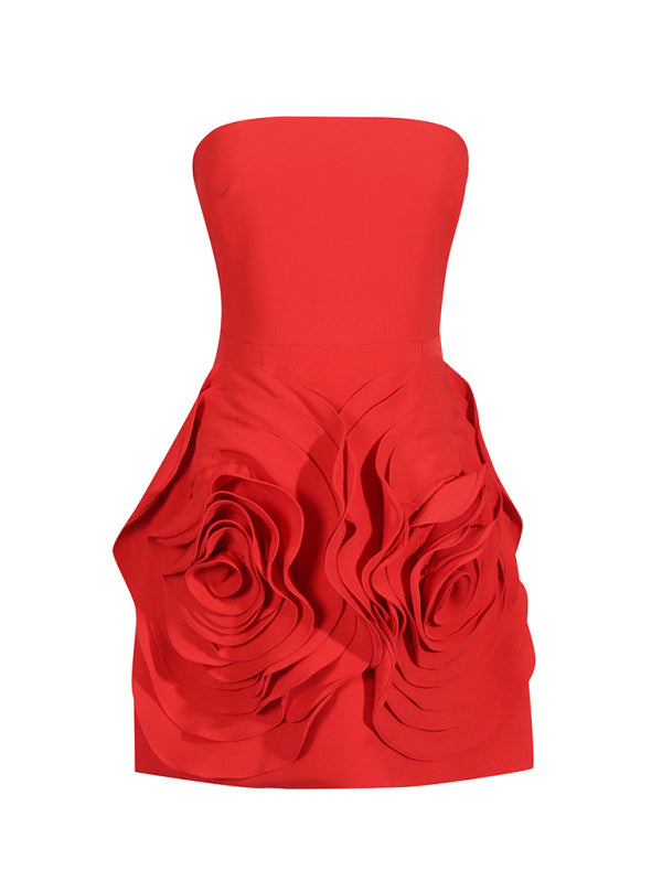 Bold Rose Applique Strapless Dress for Wedding Receptions Tube