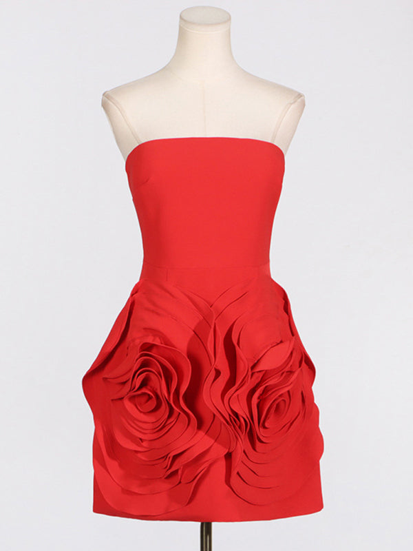 Bold Rose Applique Strapless Dress for Wedding Receptions Tube