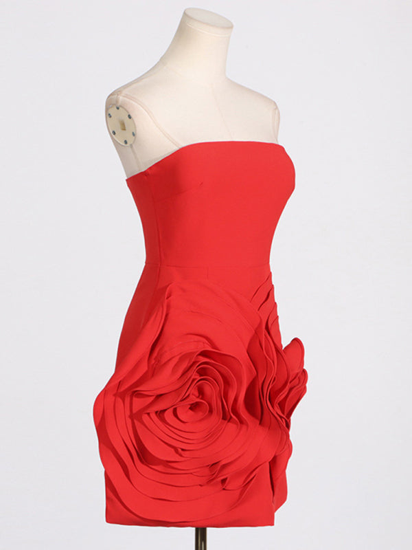 Bold Rose Applique Strapless Dress for Wedding Receptions Tube