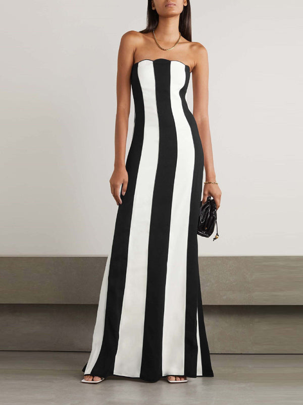 Strapless A-Line Maxi Dress with Vertical Stripes for Garden Parties	