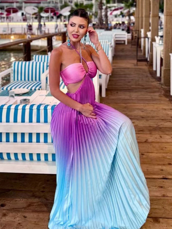 Ombre Gradient Pleated Maxi Dress with Halter Neck for Gala Events	