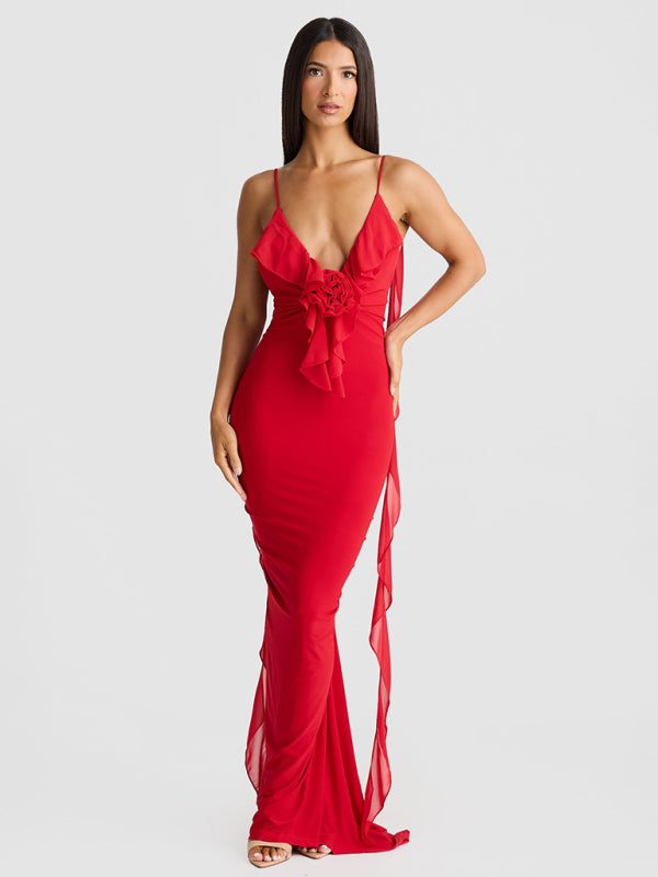 Elegant Red Dress with Chiffon Details Backless Evening Gown