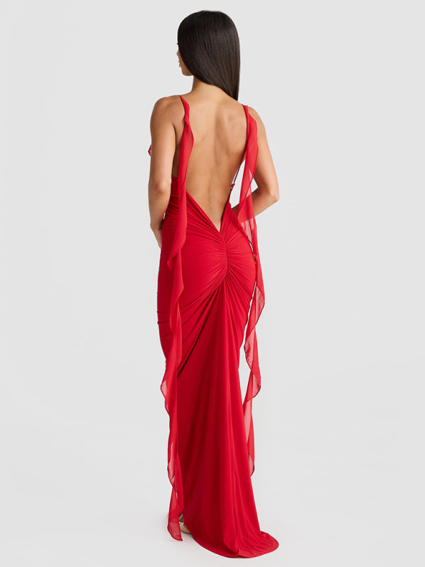 Elegant Red Dress with Chiffon Details Backless Evening Gown