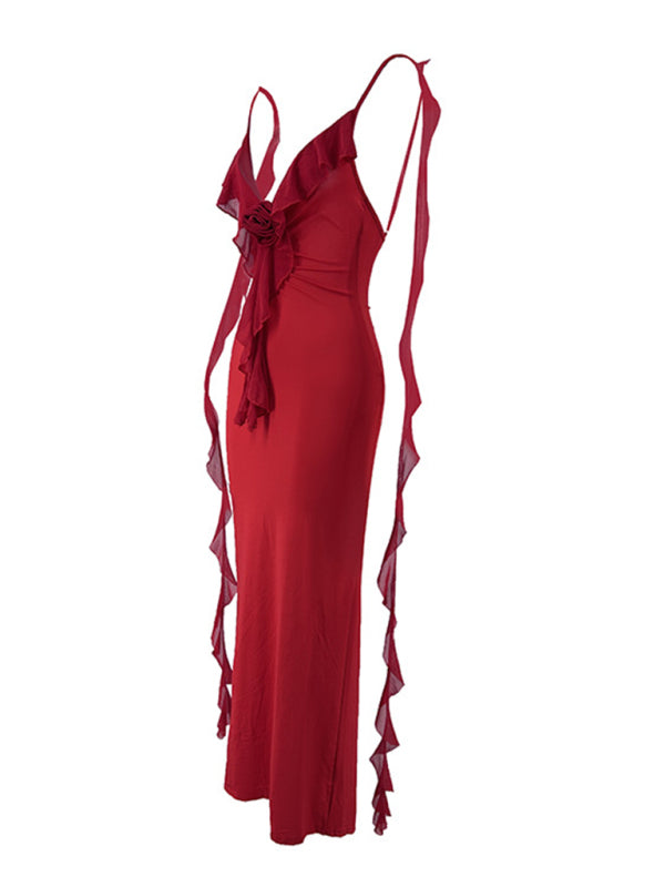 Elegant Red Dress with Chiffon Details Backless Evening Gown