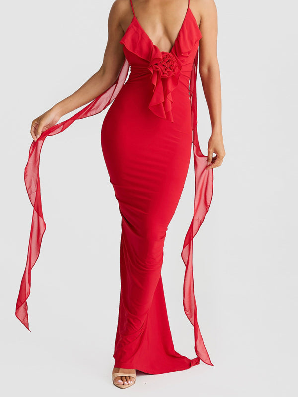 Elegant Red Dress with Chiffon Details Backless Evening Gown