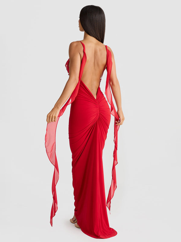 Elegant Red Dress with Chiffon Details Backless Evening Gown