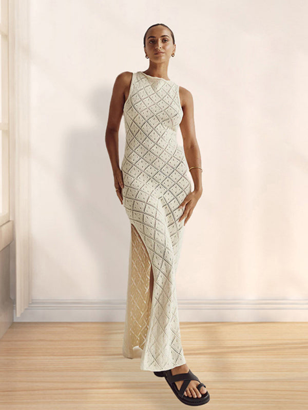 Geometric Knit Maxi Dress with Side Slit for Beach & Resort Wear	