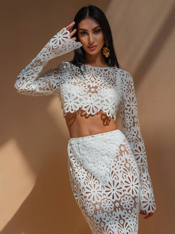 Elegant Beach Party Lace Floral Crop Top & Skirt Cover Ups