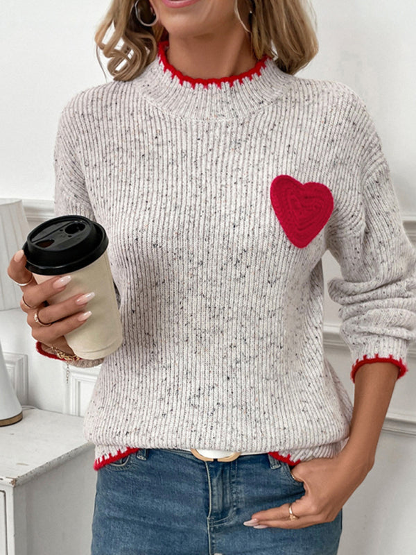 High-Neck Jumper Sweater with Red Heart Accent	