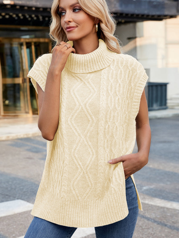 Cable Knit Turtleneck Vest Sweater Jumper with Side Slits Vests