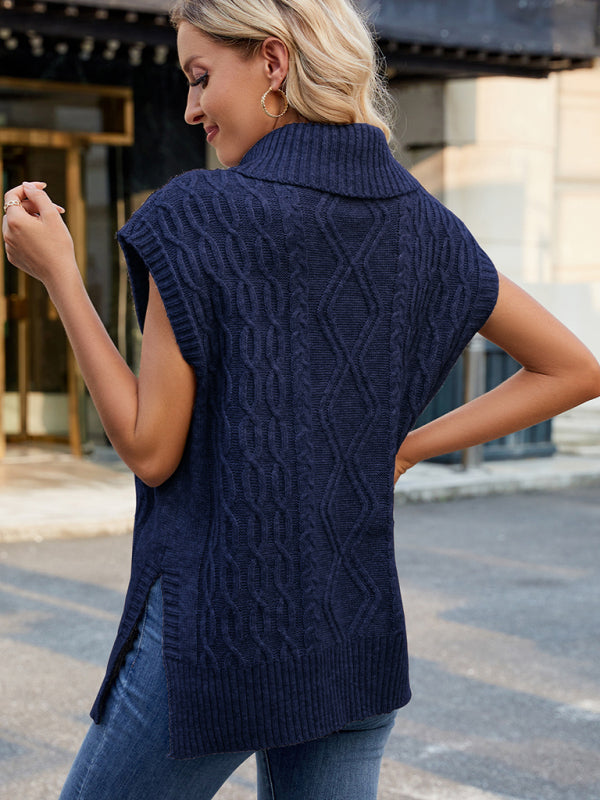 Cable Knit Turtleneck Vest Sweater Jumper with Side Slits Vests