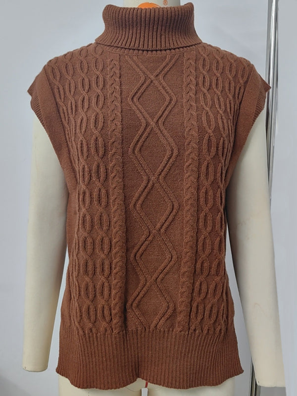 Cable Knit Turtleneck Vest Sweater Jumper with Side Slits Vests