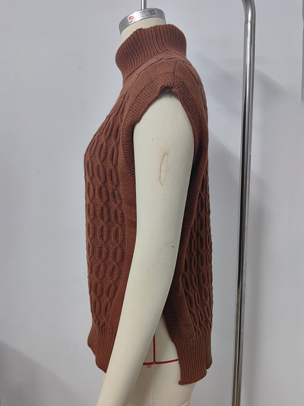 Cable Knit Turtleneck Vest Sweater Jumper with Side Slits Vests