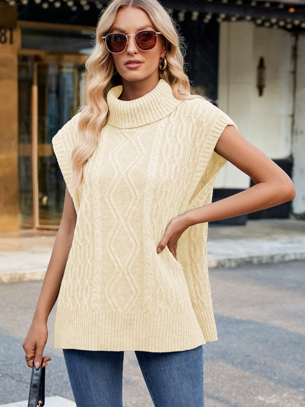 Cable Knit Turtleneck Vest Sweater Jumper with Side Slits Vests