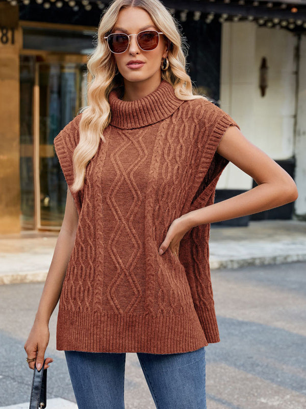 Cable Knit Turtleneck Vest Sweater Jumper with Side Slits Vests