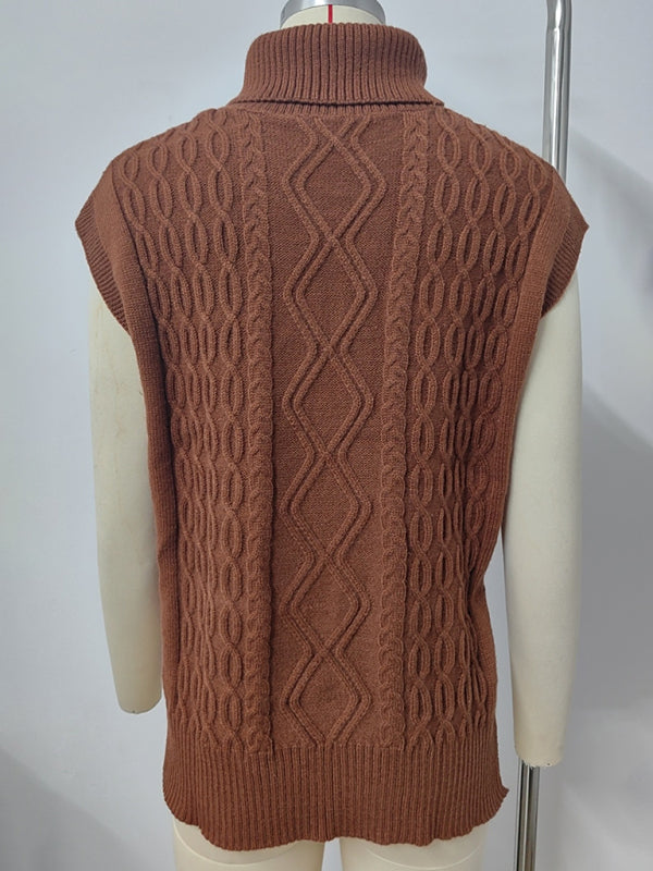 Cable Knit Turtleneck Vest Sweater Jumper with Side Slits Vests