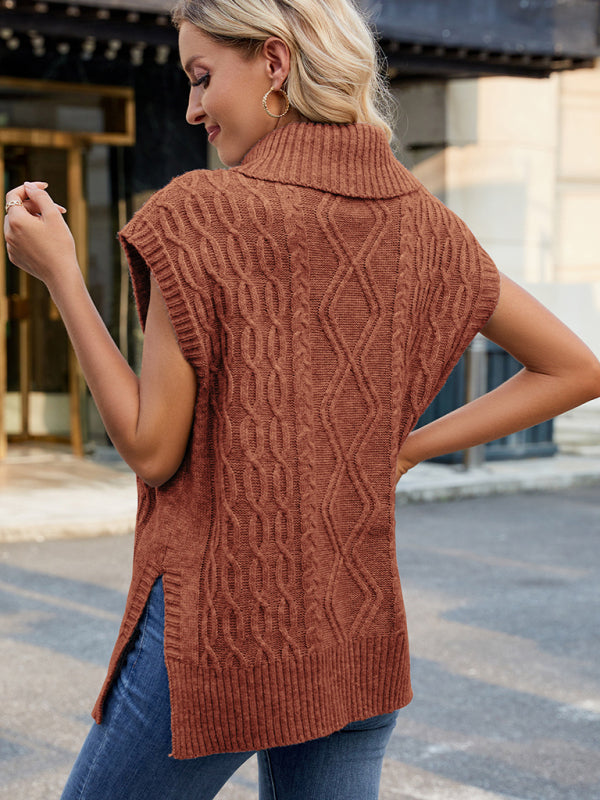 Cable Knit Turtleneck Vest Sweater Jumper with Side Slits Vests