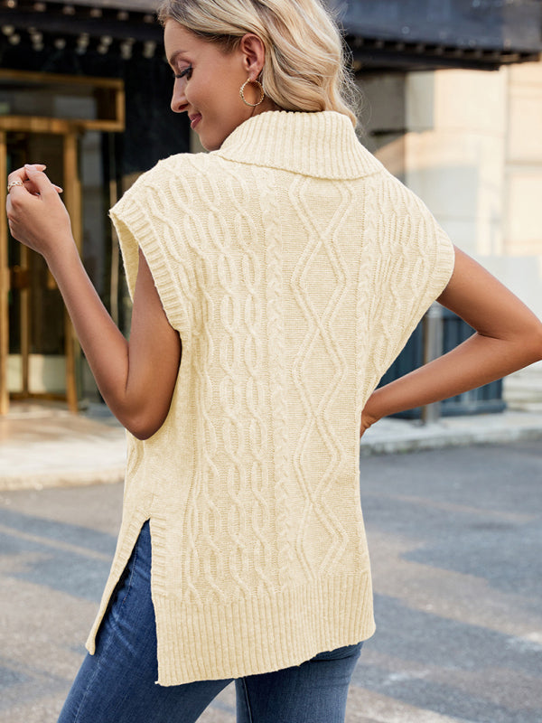 Cable Knit Turtleneck Vest Sweater Jumper with Side Slits Vests